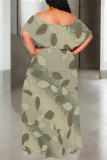Khaki Elegant Floral Print Ruffle Contrast Off Shoulder Long Dresses