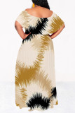 Khaki Elegant Floral Print Ruffle Contrast Off Shoulder Long Dresses