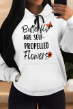 Black Casual Letter Print Draw String Pocket Contrast Hooded Tops