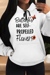White Black Casual Letter Print Draw String Pocket Contrast Hooded Tops