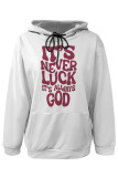 White Green Casual Letter Print Draw String Pocket Hooded Tops