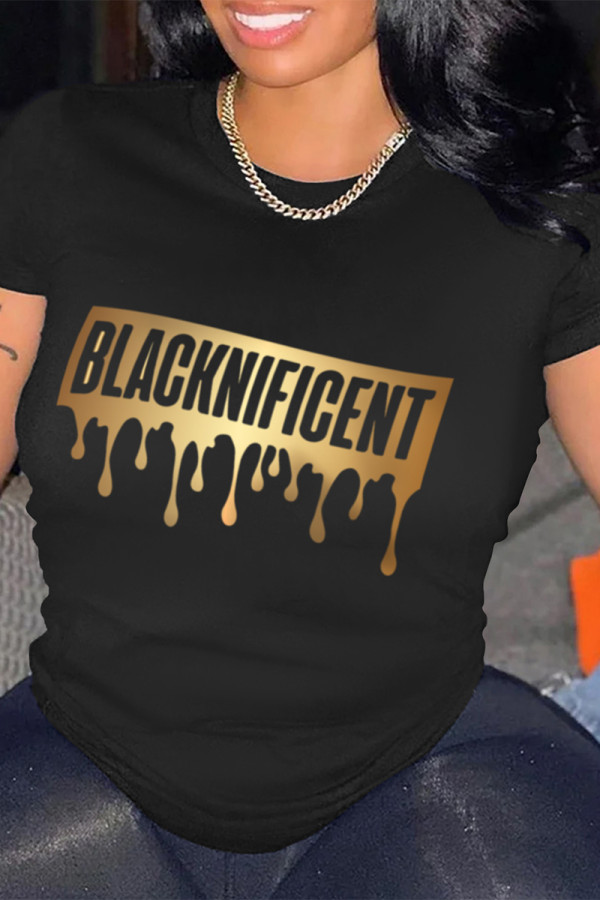 Black Casual Letter Print O Neck T-Shirts