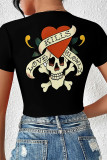 Black Sexy Skull Head Animal Print Letters Lace Up Contrast V Neck T-Shirts