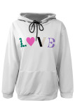 White Red Casual Letter Print Draw String Pocket Contrast Hooded Tops