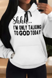 White Green Casual Letter Print Draw String Pocket Hooded Tops