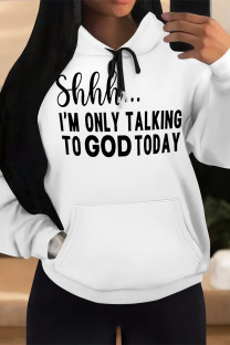 Black White Casual Letter Print Draw String Pocket Hooded Tops