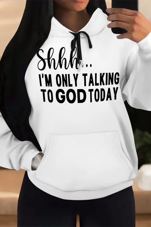 Black White Casual Letter Print Draw String Pocket Hooded Tops