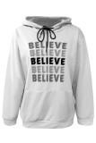 Black Casual Letter Print Draw String Pocket Contrast Hooded Tops