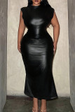 Black Casual Solid Color Patchwork Slit O Neck Long Plus Size Dresses