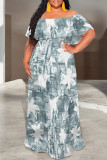 Khaki Elegant Floral Print Ruffle Contrast Off Shoulder Long Dresses
