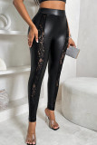 Black Casual Solid Color Lace Patchwork Skinny Mid Waist Pencil Bottoms