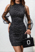 Black Elegant Solid Color Hollow Out Patchwork Sequined O Neck Wrapped Skirt Dresses