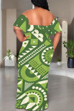 Light Color Sexy Geometric Print Ruffle Contrast Off Shoulder Long Dresses
