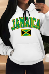 White Green Casual Letter Print Draw String Pocket Hooded Tops