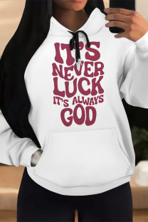 White Red Casual Letter Print Draw String Pocket Hooded Tops