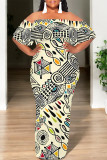 Light Color Sexy Geometric Print Ruffle Contrast Off Shoulder Long Dresses