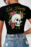 Black Sexy Skull Head Animal Print Letters Lace Up Contrast V Neck T-Shirts