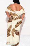 Light Color Sexy Geometric Print Ruffle Contrast Off Shoulder Long Dresses