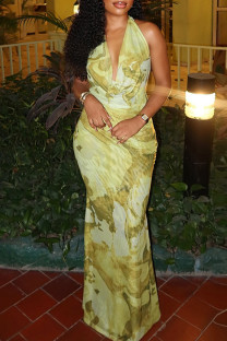 Green Yellow Elegant Print Patchwork Backless Halter Long Dresses