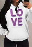 White Red Casual Letter Print Draw String Pocket Contrast Hooded Tops