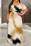 Khaki Elegant Floral Print Ruffle Contrast Off Shoulder Long Dresses