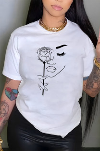 White Street Geometric Print Flowers O Neck T-Shirts