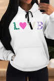 White Red Casual Letter Print Draw String Pocket Contrast Hooded Tops