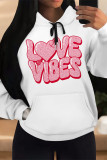 White Red Casual Letter Print Draw String Pocket Contrast Hooded Tops