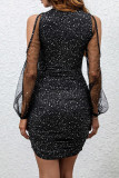 Black Elegant Solid Color Hollow Out Patchwork Sequined O Neck Wrapped Skirt Dresses