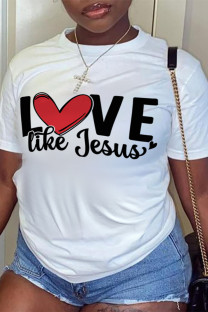 White Daily Love Print Letters O Neck T-Shirts