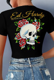 Black Sexy Skull Head Animal Print Letters Lace Up Contrast V Neck T-Shirts