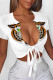 White Brown Sexy Skull Head Animal Print Letters Lace Up Contrast V Neck T-Shirts