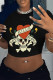 Black Street Letter Print Heart Shaped Lips Contrast O Neck T-Shirts
