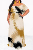 Khaki Elegant Floral Print Ruffle Contrast Off Shoulder Long Dresses