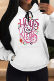 White Red Casual Letter Print Draw String Pocket Contrast Hooded Tops