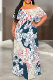 Khaki Elegant Floral Print Ruffle Contrast Off Shoulder Long Dresses