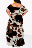 Khaki Elegant Floral Print Ruffle Contrast Off Shoulder Long Dresses