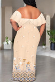 Light Color Sexy Geometric Print Ruffle Contrast Off Shoulder Long Dresses