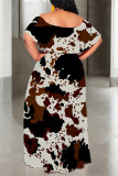 Khaki Elegant Floral Print Ruffle Contrast Off Shoulder Long Dresses