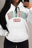 White Green Casual Letter Print Draw String Pocket Hooded Tops