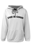 White Green Casual Letter Print Draw String Pocket Hooded Tops