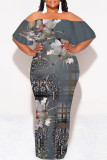 Light Color Sexy Geometric Print Ruffle Contrast Off Shoulder Long Dresses