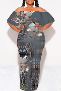 Gray Blue Sexy Geometric Print Ruffle Contrast Off Shoulder Long Dresses