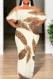 Light Color Sexy Geometric Print Ruffle Contrast Off Shoulder Long Dresses