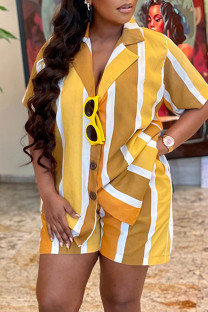 Yellow Casual Striped Print Buttons Turndown Collar Short Sleeve Two Pieces