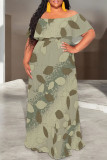 Khaki Elegant Floral Print Ruffle Contrast Off Shoulder Long Dresses