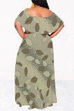 Khaki Elegant Floral Print Ruffle Contrast Off Shoulder Long Dresses
