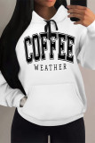 White Green Casual Letter Print Draw String Pocket Hooded Tops