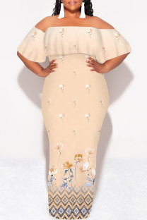 Light Color Sexy Geometric Print Ruffle Contrast Off Shoulder Long Dresses