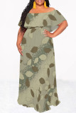 Khaki Elegant Floral Print Ruffle Contrast Off Shoulder Long Dresses